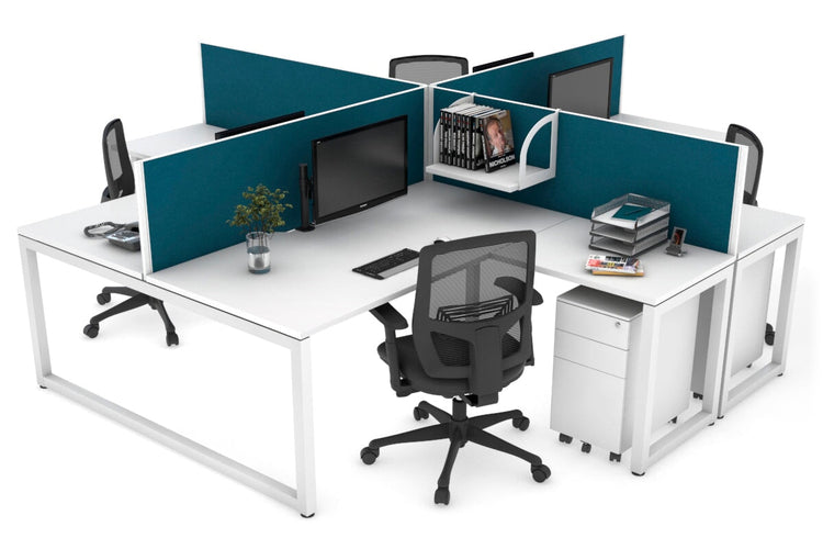 Quadro Loop Leg 4 Person Corner Workstations [1400L x 1800W with Cable Scallop] Jasonl white leg white deep blue