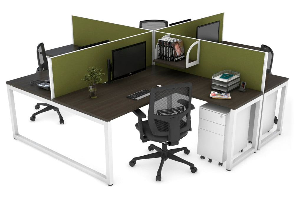 Quadro Loop Legs 4 Person Corner Workstation [1400L x 1800W with Cable Scallop]-white leg dark oak green moss