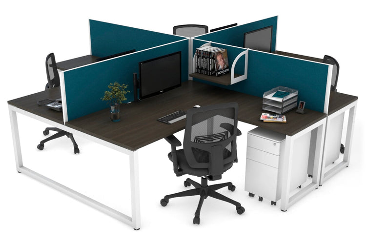 Quadro Loop Leg 4 Person Corner Workstations [1400L x 1800W with Cable Scallop] Jasonl white leg dark oak deep blue