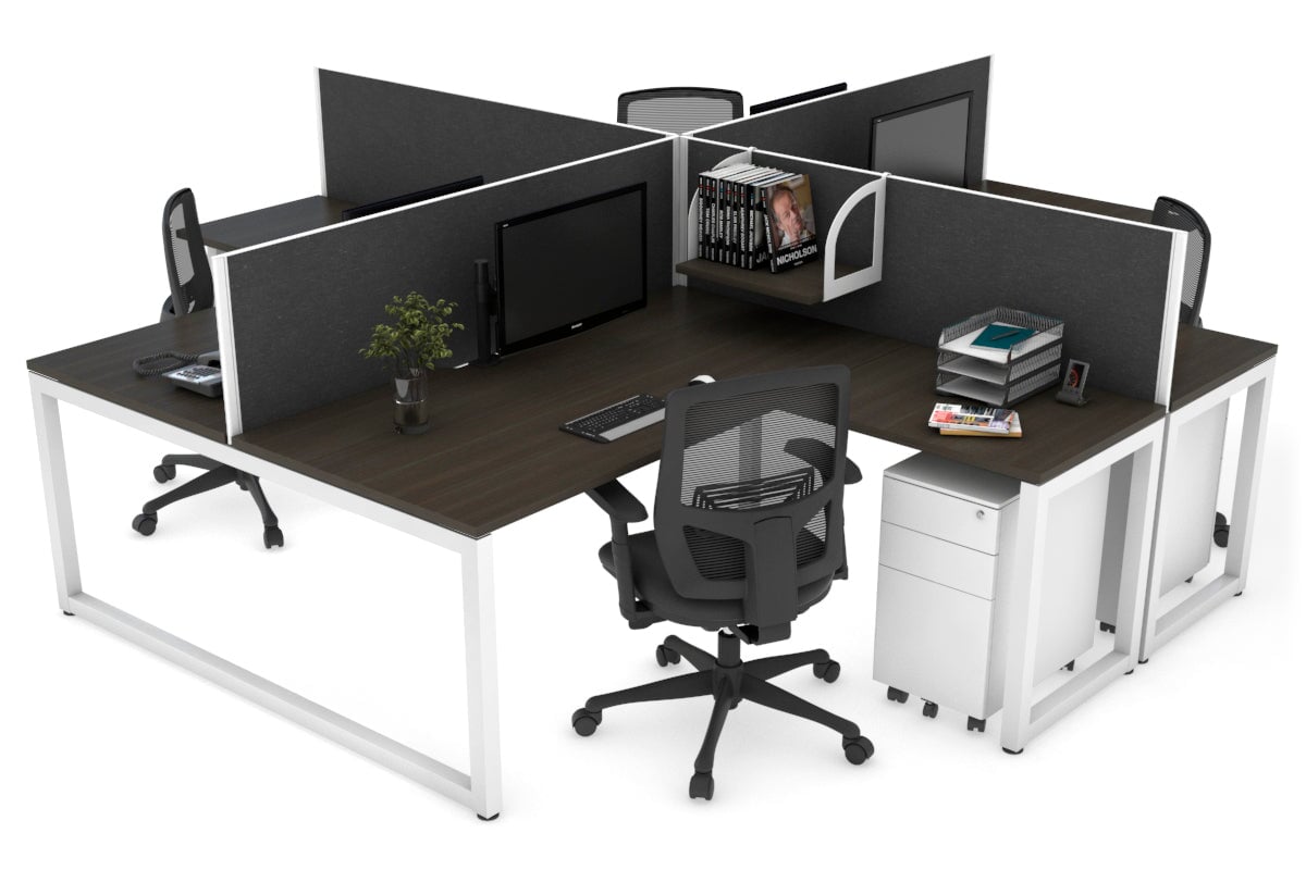 Quadro Loop Leg 4 Person Corner Workstations [1400L x 1800W with Cable Scallop] Jasonl white leg dark oak moody charcoal