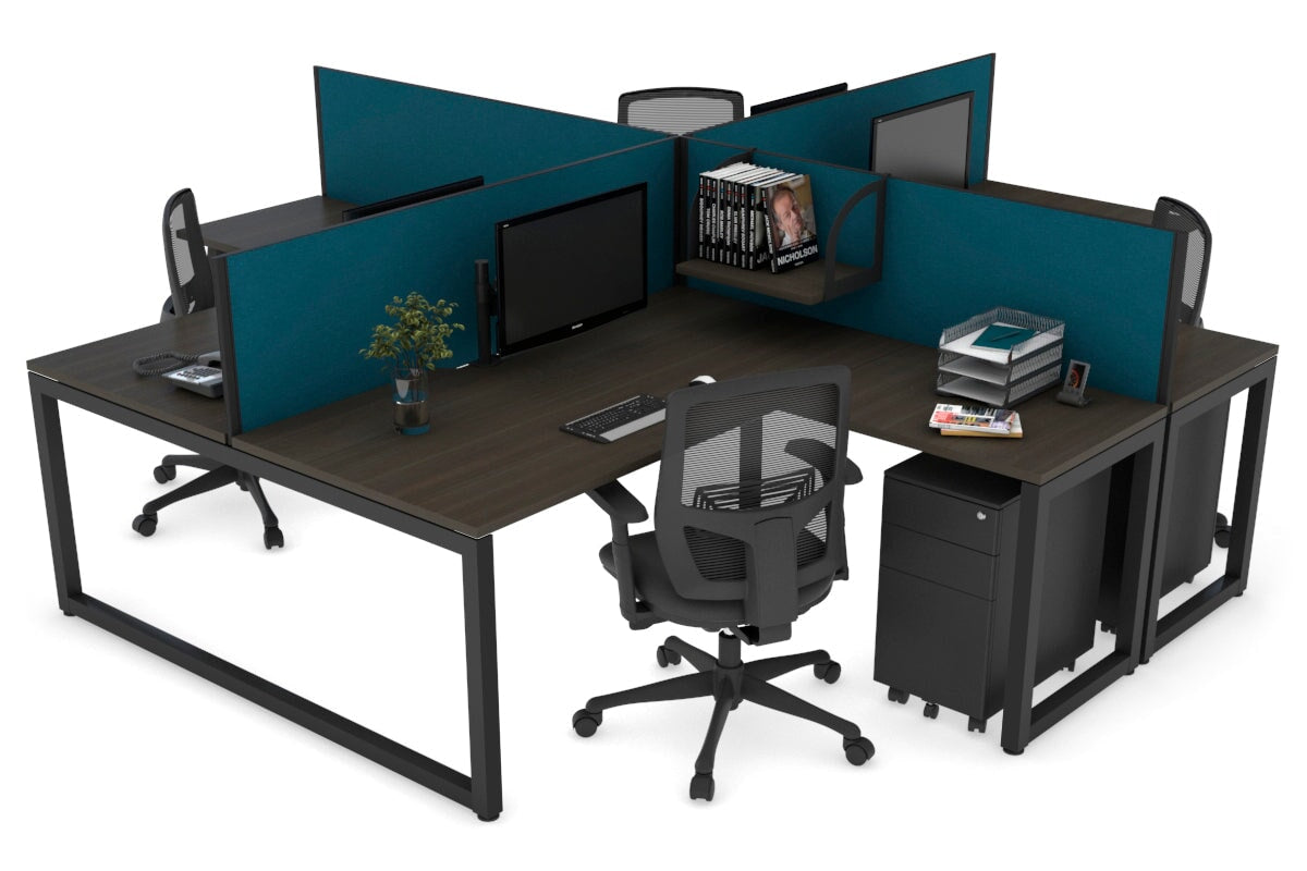 Quadro Loop Leg 4 Person Corner Workstations [1400L x 1800W with Cable Scallop] Jasonl black leg dark oak deep blue