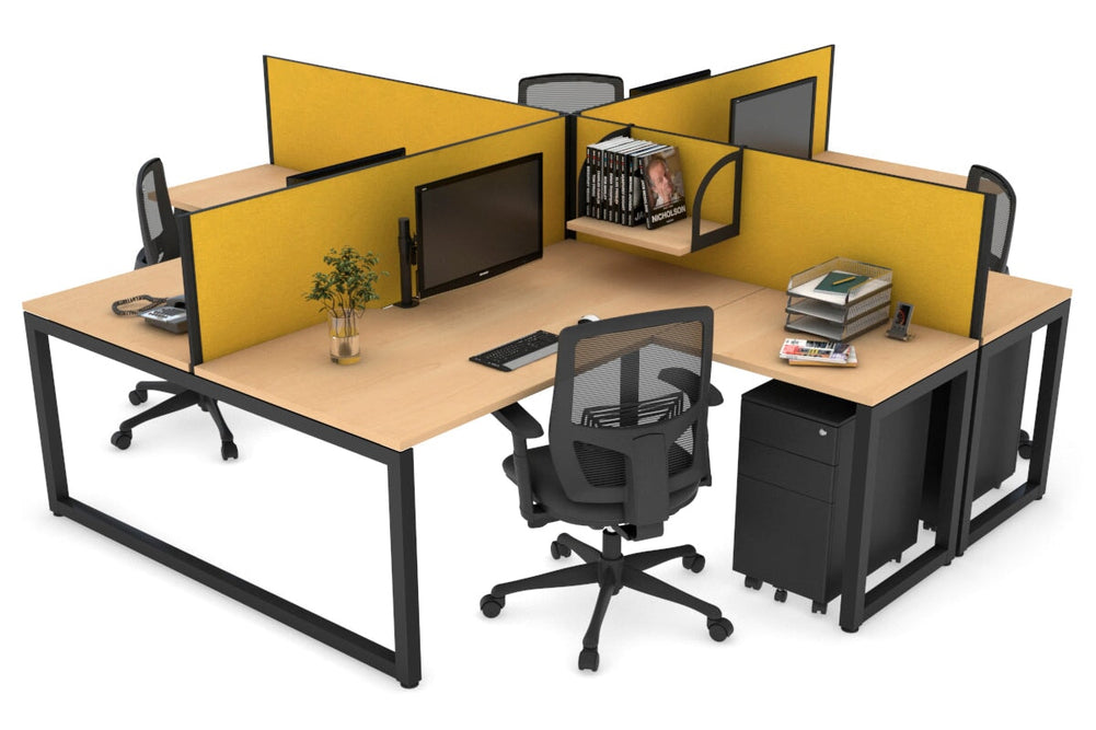 Quadro Loop Legs 4 Person Corner Workstation [1400L x 1800W with Cable Scallop]-black leg maple mustard yellow