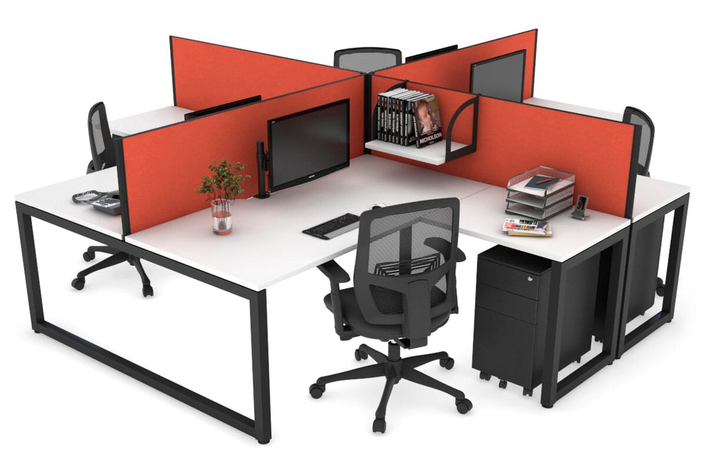 Quadro Loop Legs 4 Person Corner Workstation [1600L x 1800W with Cable Scallop]-black leg white squash orange