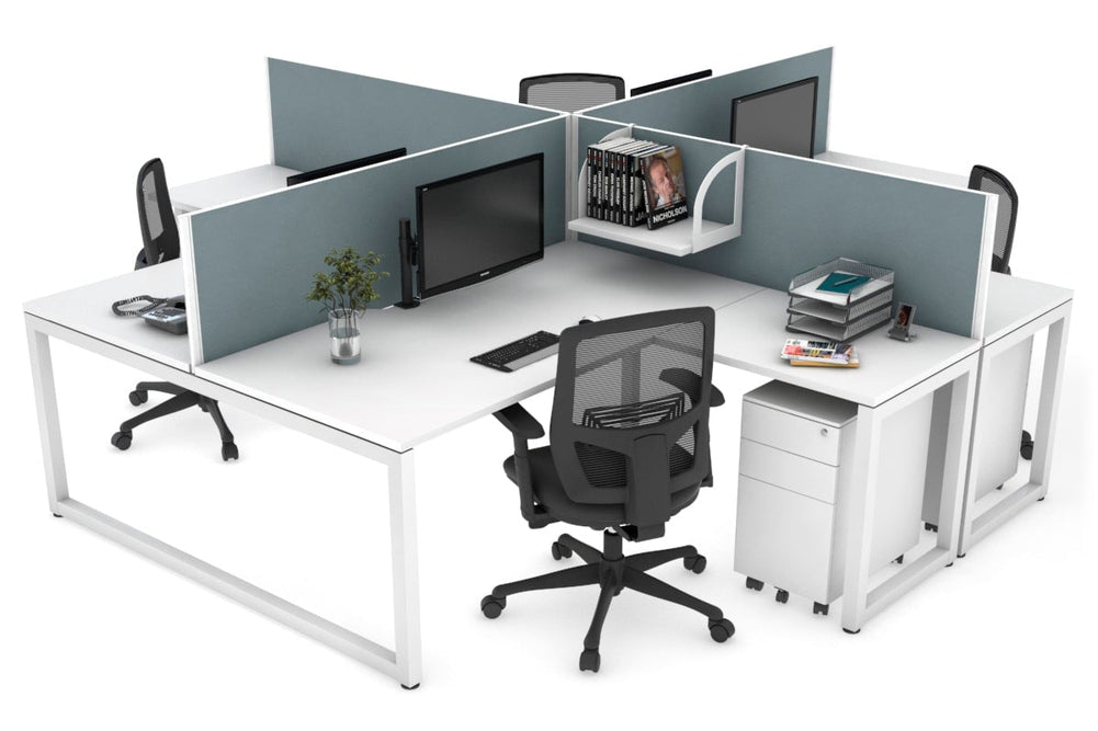 Quadro Loop Legs 4 Person Corner Workstation [1600L x 1800W with Cable Scallop]-white leg white cool grey