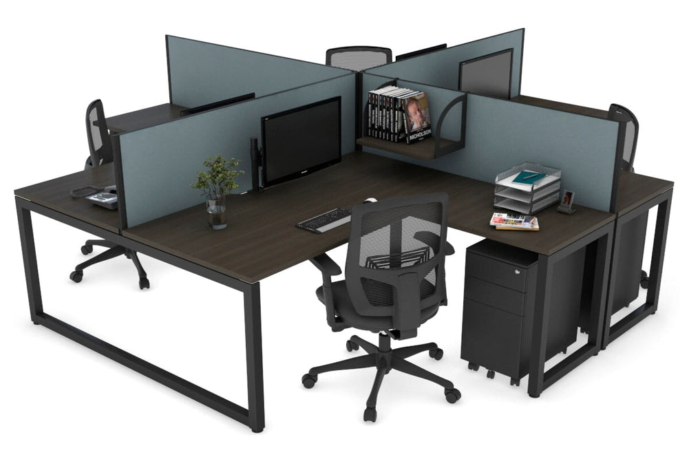 Quadro Loop Legs 4 Person Corner Workstation [1600L x 1800W with Cable Scallop]-black leg dark oak cool grey
