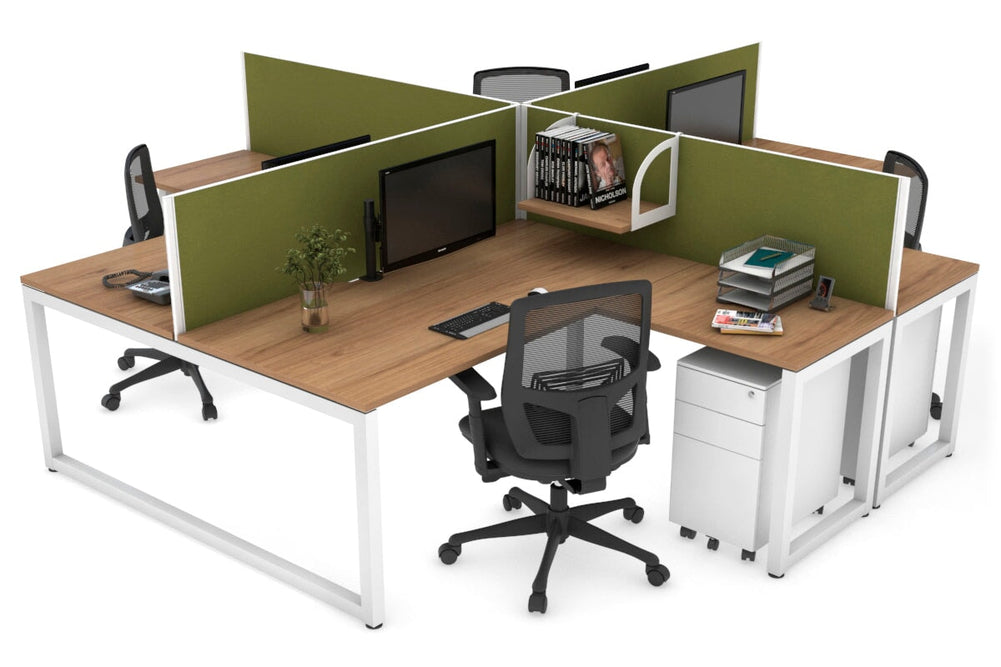 Quadro Loop Legs 4 Person Corner Workstation [1600L x 1800W with Cable Scallop]-white leg salvage oak green moss