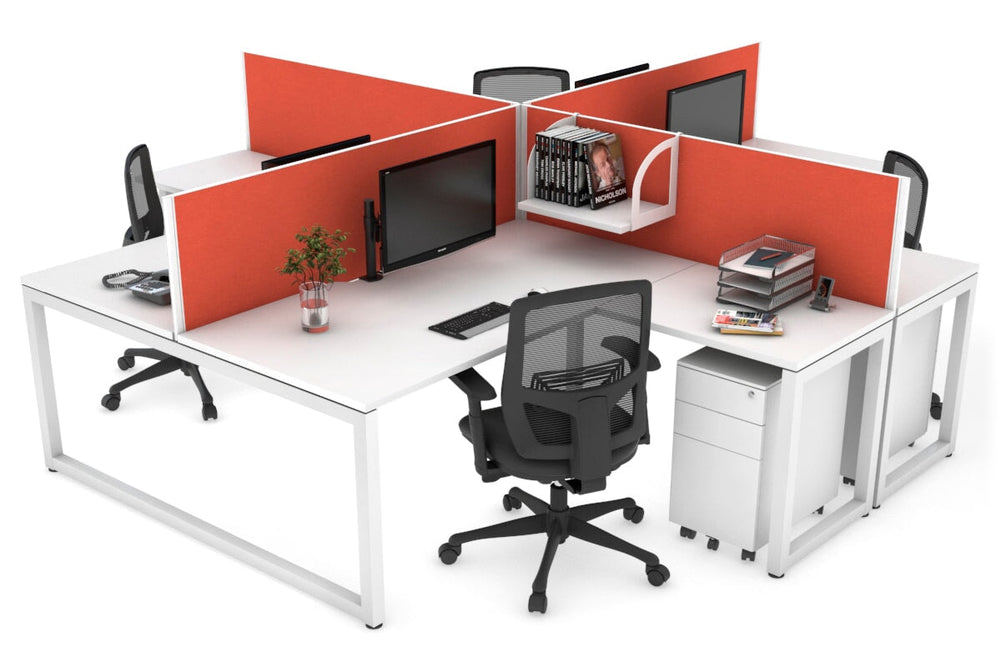 Quadro Loop Legs 4 Person Corner Workstation [1600L x 1800W with Cable Scallop]-white leg white squash orange