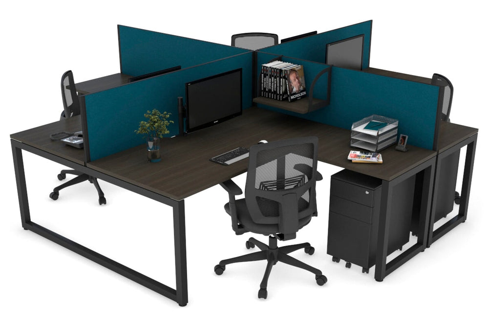 Quadro Loop Legs 4 Person Corner Workstation [1600L x 1800W with Cable Scallop]-black leg dark oak deep blue