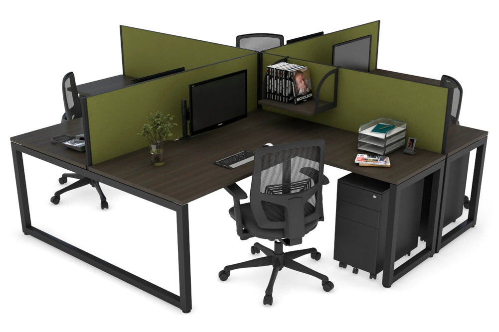 Quadro Loop Legs 4 Person Corner Workstation [1600L x 1800W with Cable Scallop]-black leg dark oak green moss