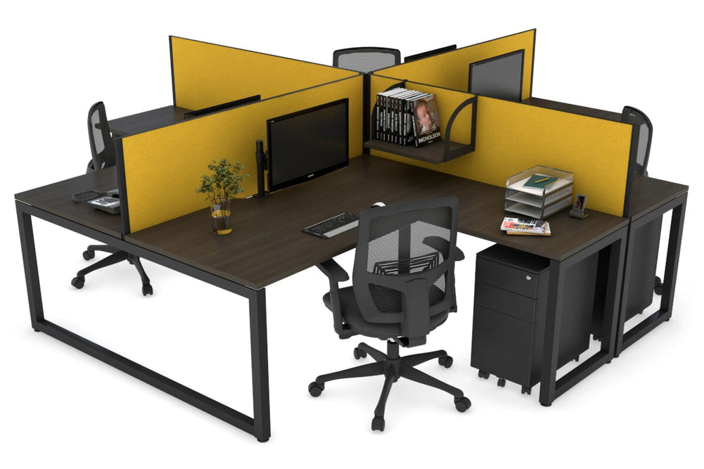 Quadro Loop Legs 4 Person Corner Workstation [1600L x 1800W with Cable Scallop]-black leg dark oak mustard yellow