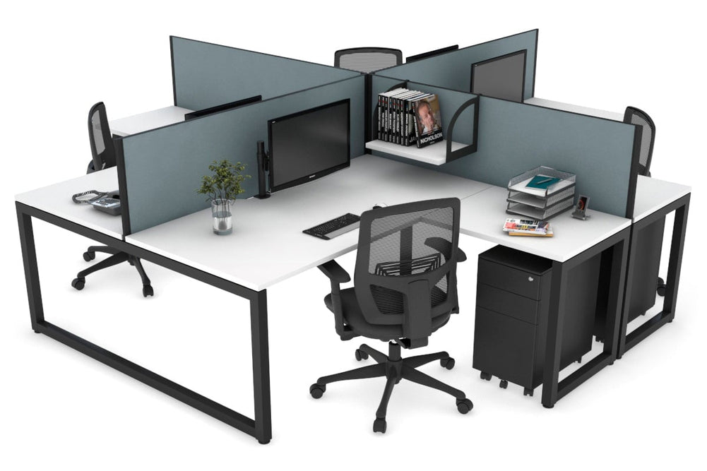 Quadro Loop Legs 4 Person Corner Workstation [1600L x 1800W with Cable Scallop]-black leg white cool grey