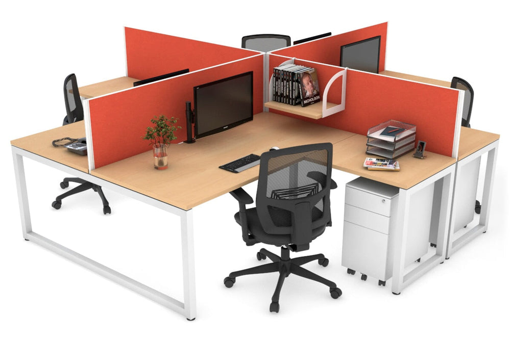 Quadro Loop Legs 4 Person Corner Workstation [1600L x 1800W with Cable Scallop]-white leg maple squash orange