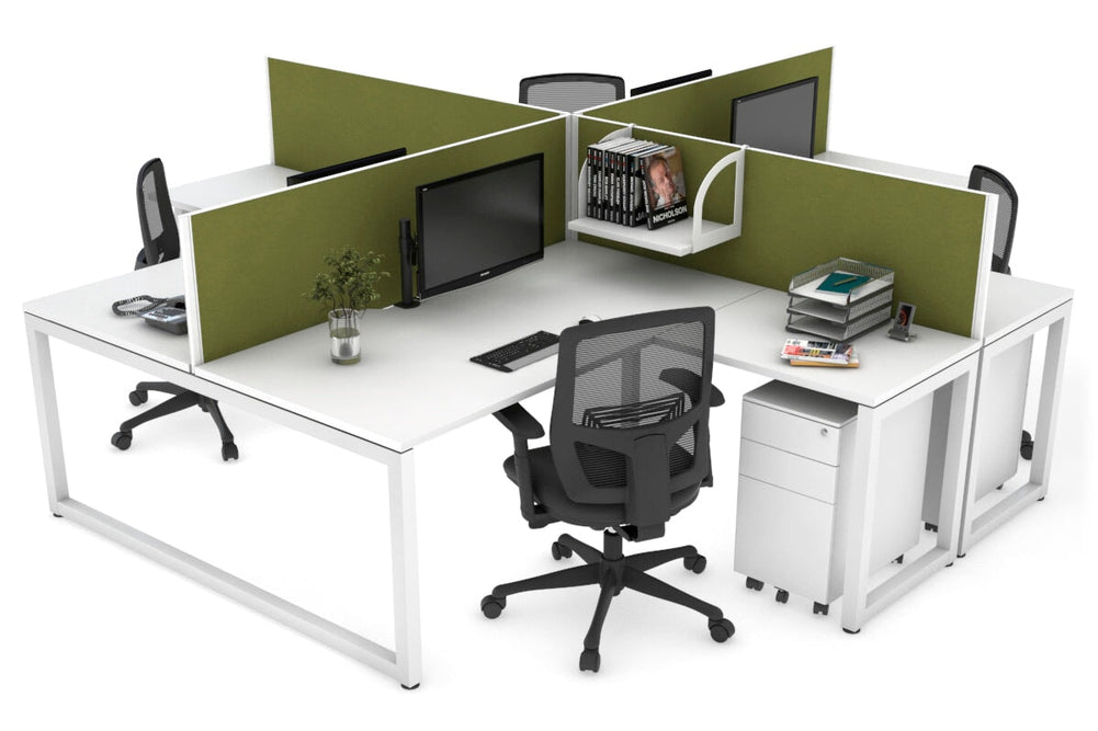 Quadro Loop Legs 4 Person Corner Workstation [1600L x 1800W with Cable Scallop]-white leg white green moss