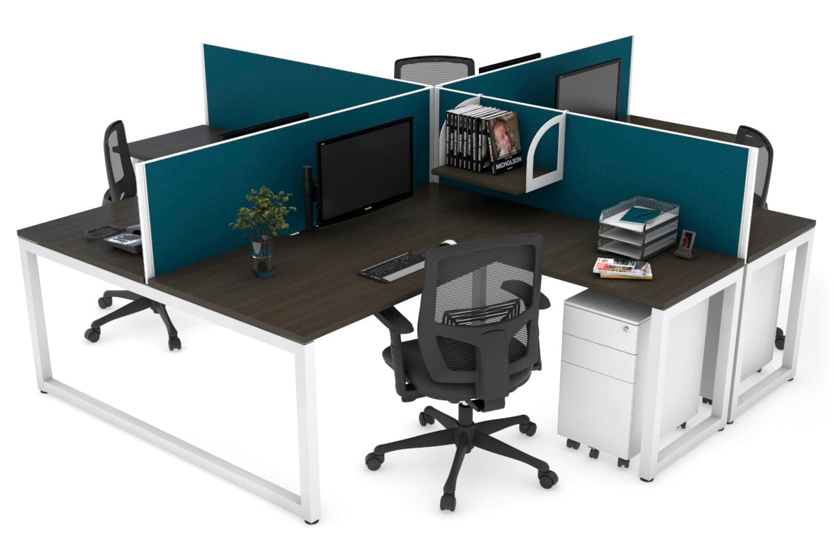 Quadro Loop Leg 4 Person Corner Workstations [1800L x 1800W with Cable Scallop] Jasonl white leg dark oak deep blue
