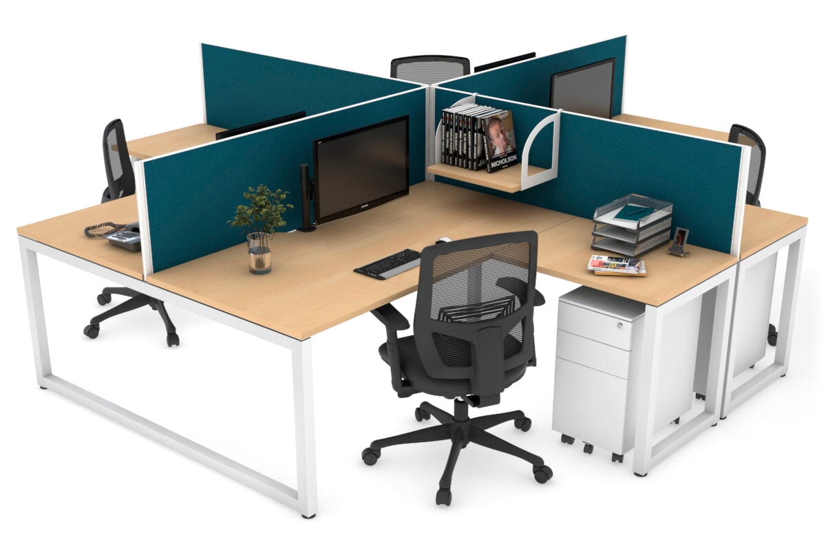 Quadro Loop Leg 4 Person Corner Workstations [1800L x 1800W with Cable Scallop] Jasonl white leg maple deep blue