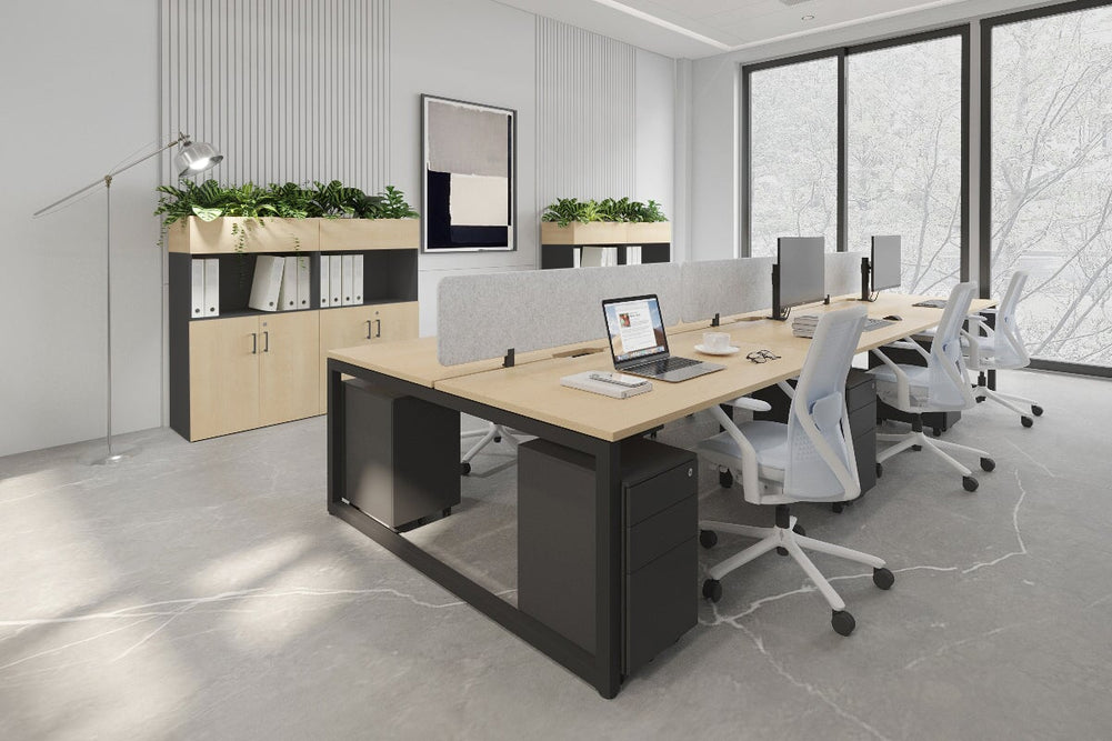 Quadro Loop Legs 6 Person Office Workstation [1600L x 800W with Cable Scallop]-black leg dark oak moody charcoal (500H x 1600W)