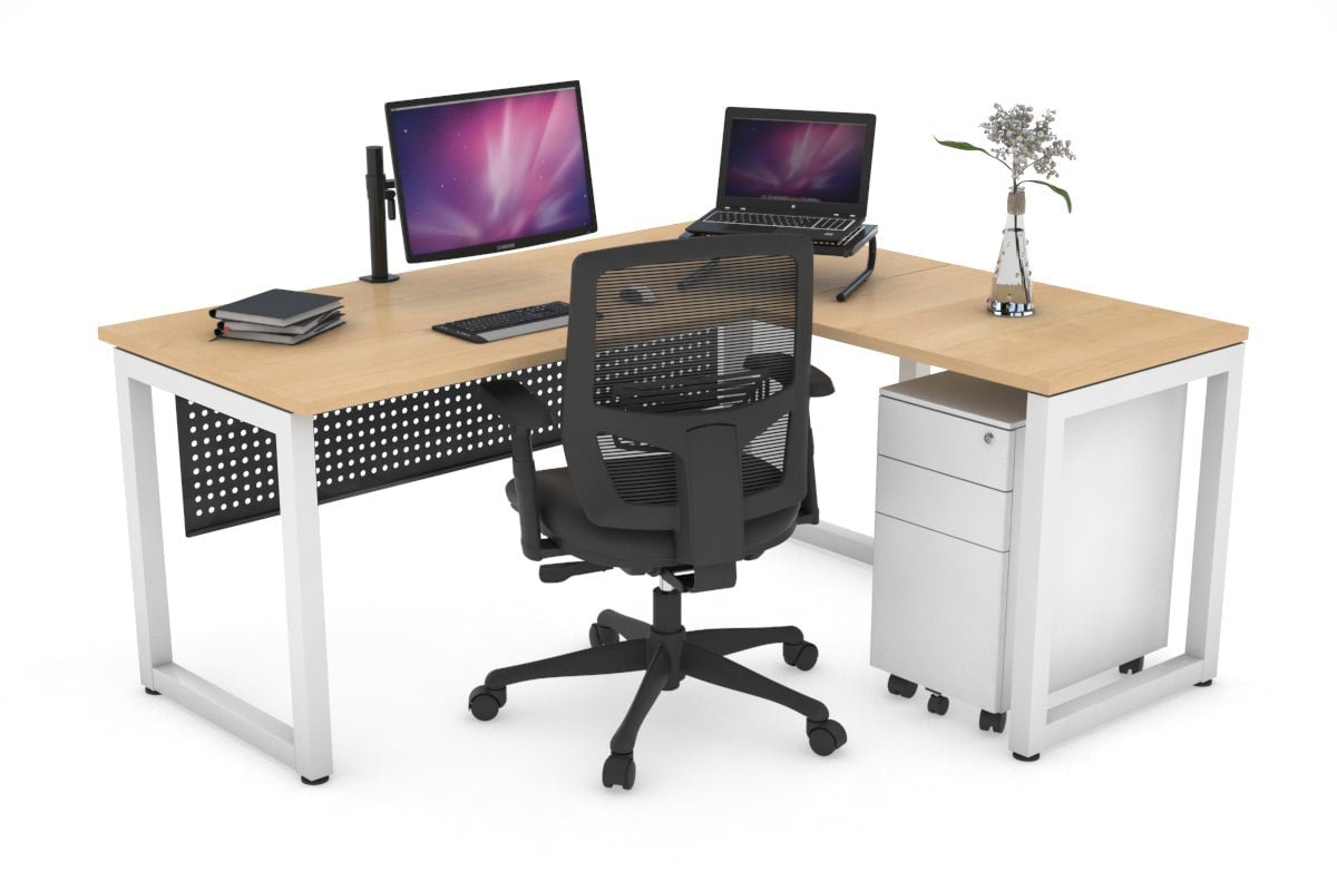 Quadro Loop Leg L-Shaped Corner Office Desk [1400L x 1450W] Jasonl white leg maple black modesty