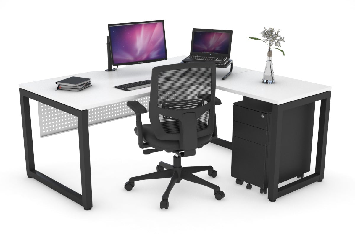 Quadro Loop Leg L-Shaped Corner Office Desk [1400L x 1550W with Cable Scallop] Jasonl black leg white white modesty