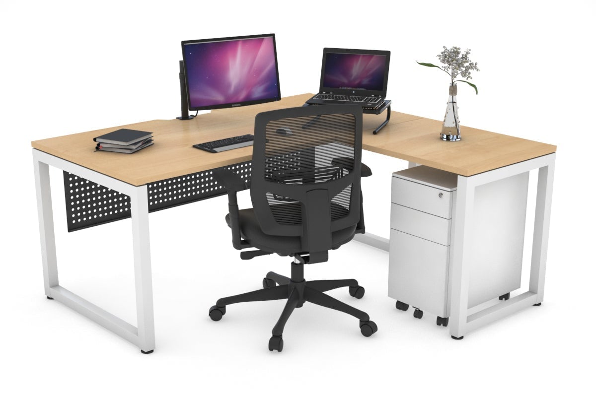 Quadro Loop Leg L-Shaped Corner Office Desk [1400L x 1550W with Cable Scallop] Jasonl white leg maple black modesty