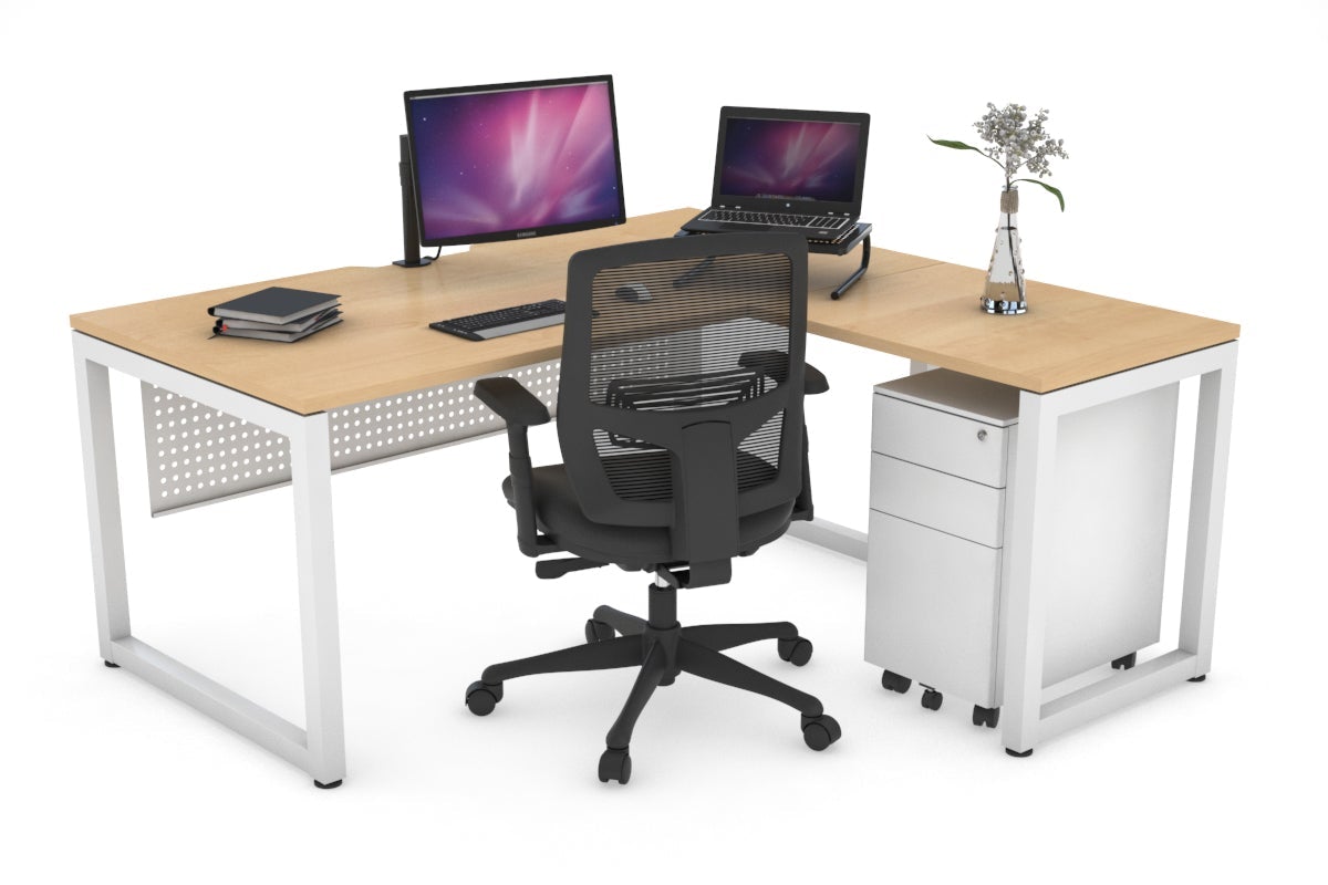 Quadro Loop Leg L-Shaped Corner Office Desk [1400L x 1550W with Cable Scallop] Jasonl white leg maple white modesty