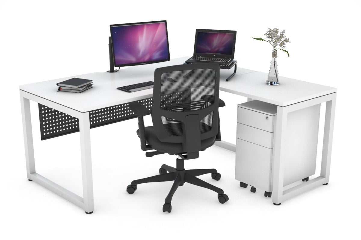 Quadro Loop Leg L-Shaped Corner Office Desk [1400L x 1800W with Cable Scallop] Jasonl white leg white black modesty