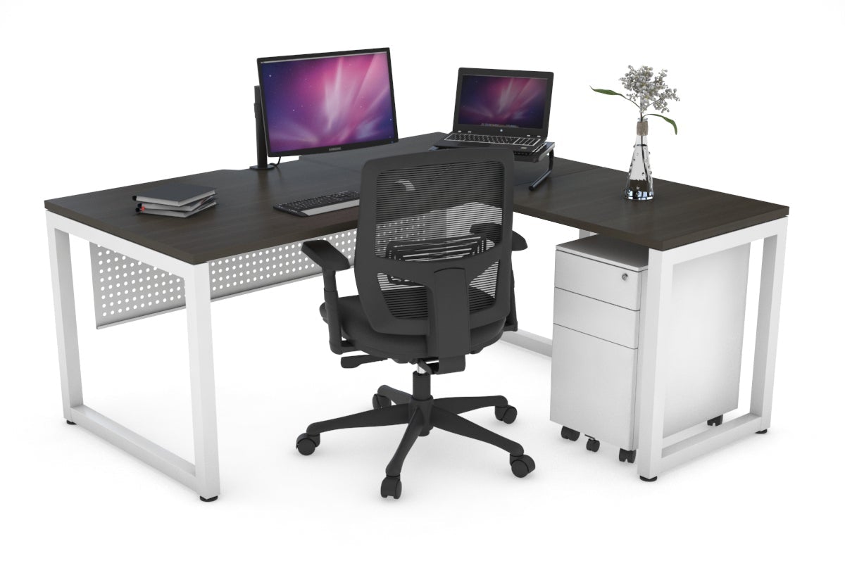 Quadro Loop Leg L-Shaped Corner Office Desk [1400L x 1800W with Cable Scallop] Jasonl white leg dark oak white modesty