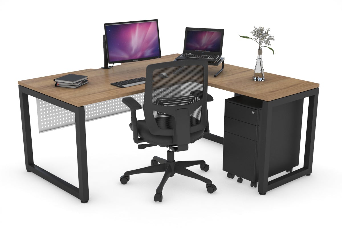 Quadro Loop Leg L-Shaped Corner Office Desk [1400L x 1800W with Cable Scallop] Jasonl black leg salvage oak white modesty