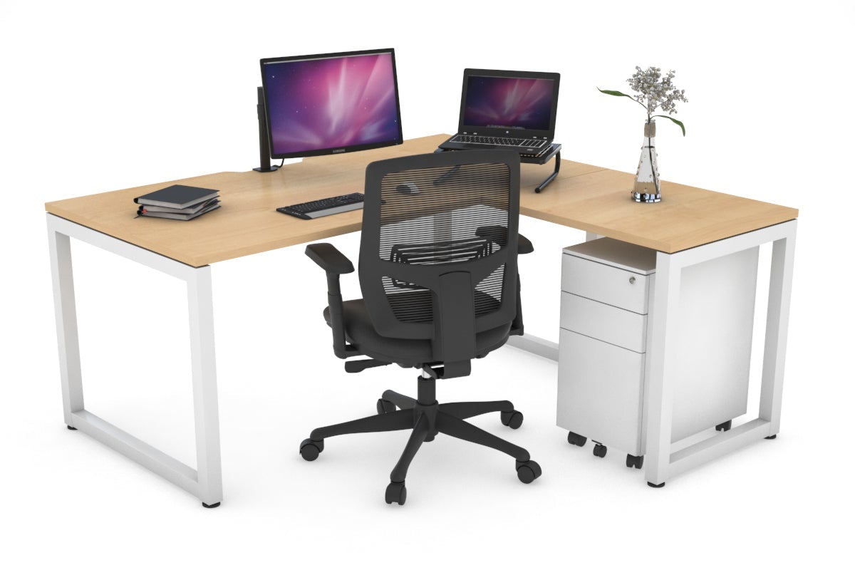 Quadro Loop Leg L-Shaped Corner Office Desk [1400L x 1800W with Cable Scallop] Jasonl white leg maple none