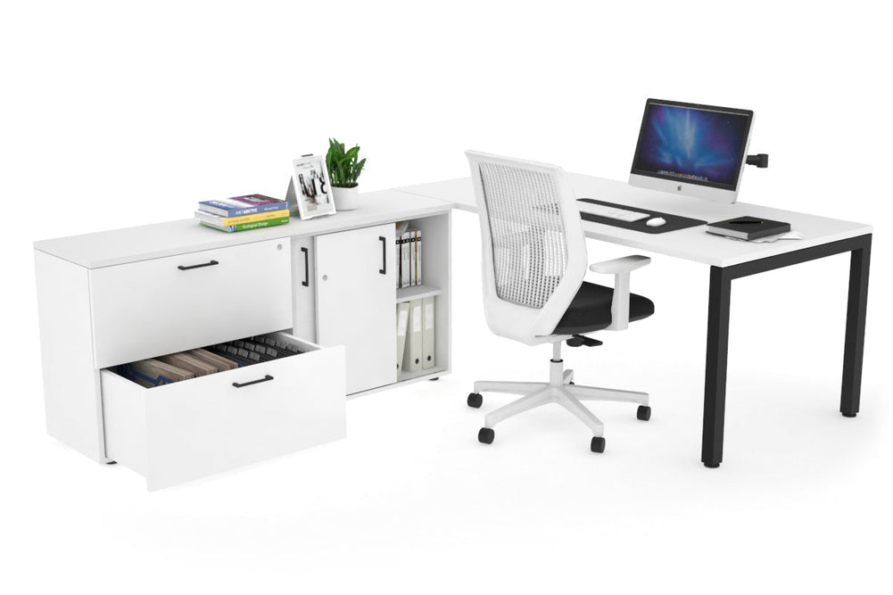 Quadro Square Executive Setting - Black Frame [1600L x 700W]-white none 2 drawer lateral sliding door credenza