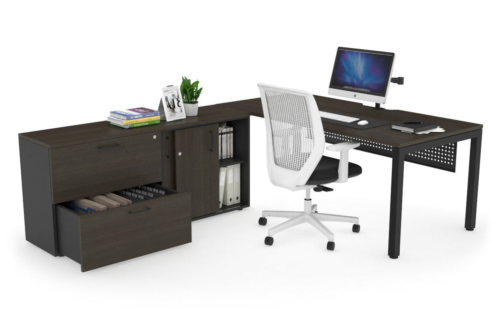 Quadro Square Executive Setting - Black Frame [1600L x 800W with Cable Scallop]-dark oak black modesty 2 drawer lateral sliding door credenza