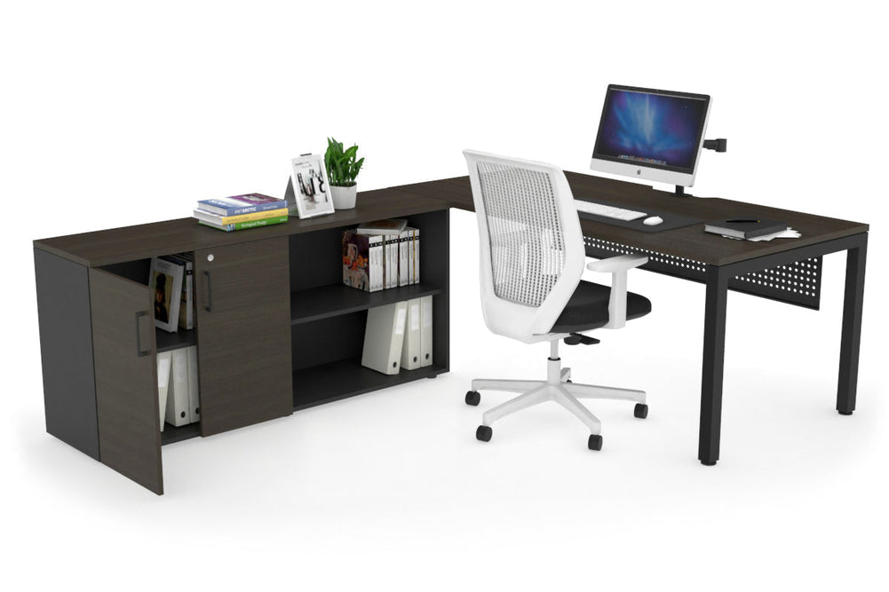 Quadro Square Executive Setting - Black Frame [1600L x 800W with Cable Scallop]-dark oak black modesty 2 door open storage cabinet