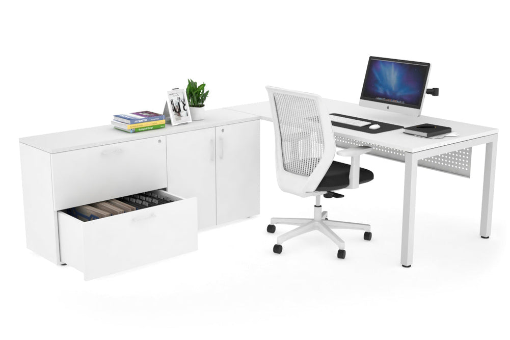 Quadro Square Executive Setting - White Frame [1600L x 700W]-white white modesty 2 drawer 2 door filing cabinet