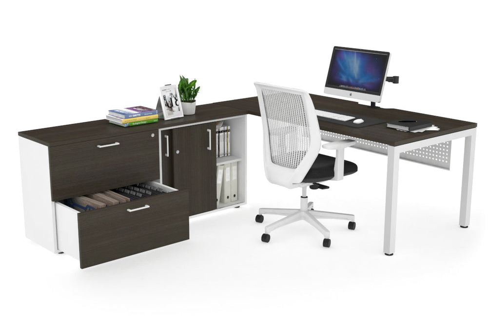 Quadro Square Executive Setting - White Frame [1600L x 800W with Cable Scallop]-dark oak white modesty 2 drawer lateral sliding door credenza