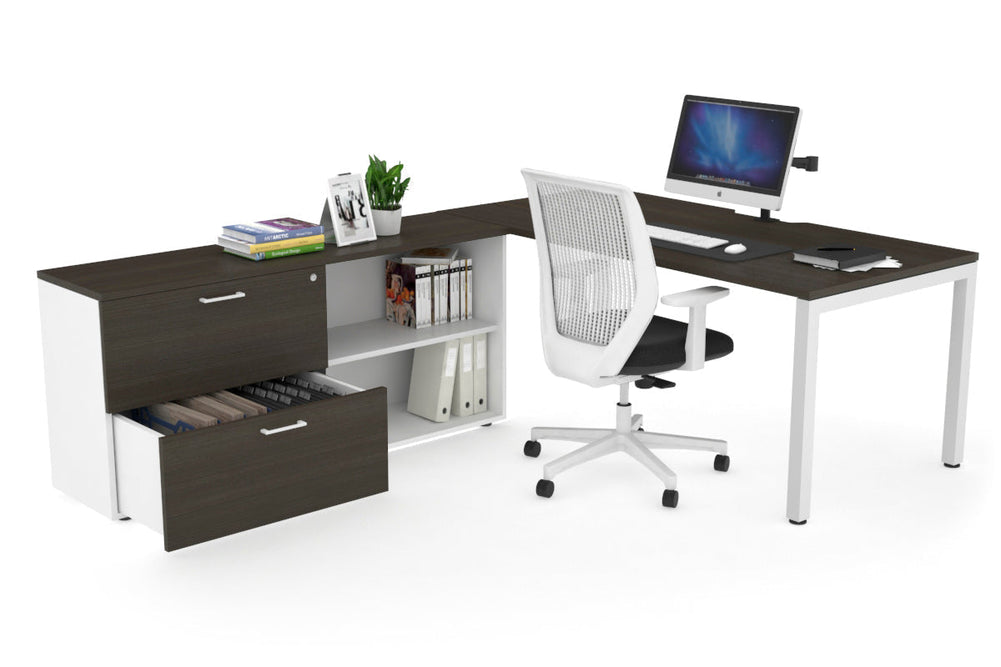 Quadro Square Executive Setting - White Frame [1600L x 800W with Cable Scallop]-dark oak none 2 drawer open filing cabinet