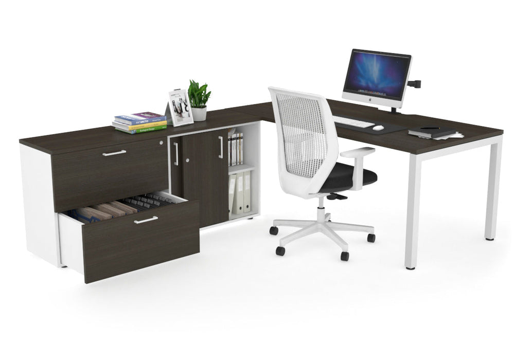 Quadro Square Executive Setting - White Frame [1600L x 800W with Cable Scallop]-dark oak none 2 drawer lateral sliding door credenza