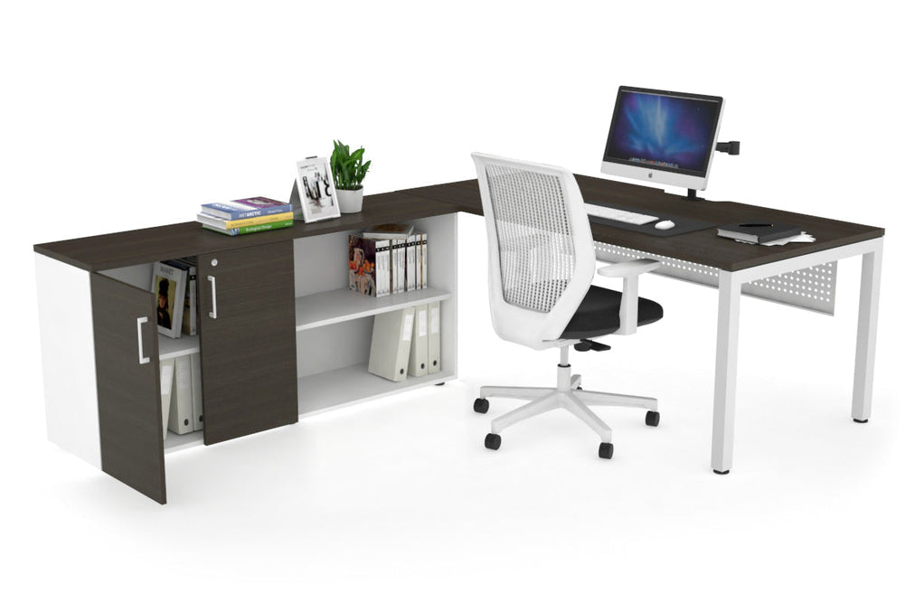 Quadro Square Executive Setting - White Frame [1600L x 800W with Cable Scallop]-dark oak white modesty 2 door open storage cabinet