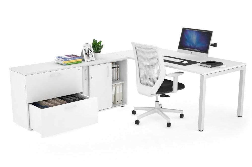 Quadro Square Executive Setting - White Frame [1800L x 700W]-white none 2 drawer lateral sliding door credenza