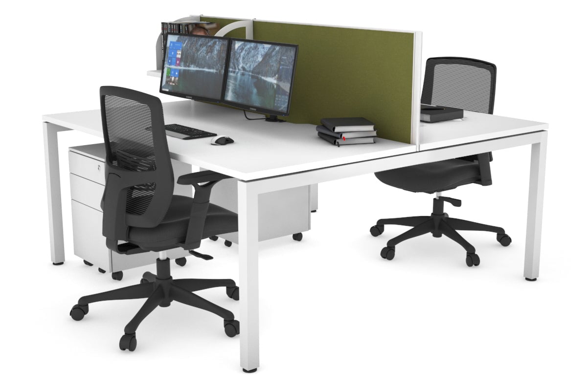 Quadro Square Leg 2 Person Office Workstations [1400L x 800W with Cable Scallop] Jasonl white leg white green moss (500H x 1400W)