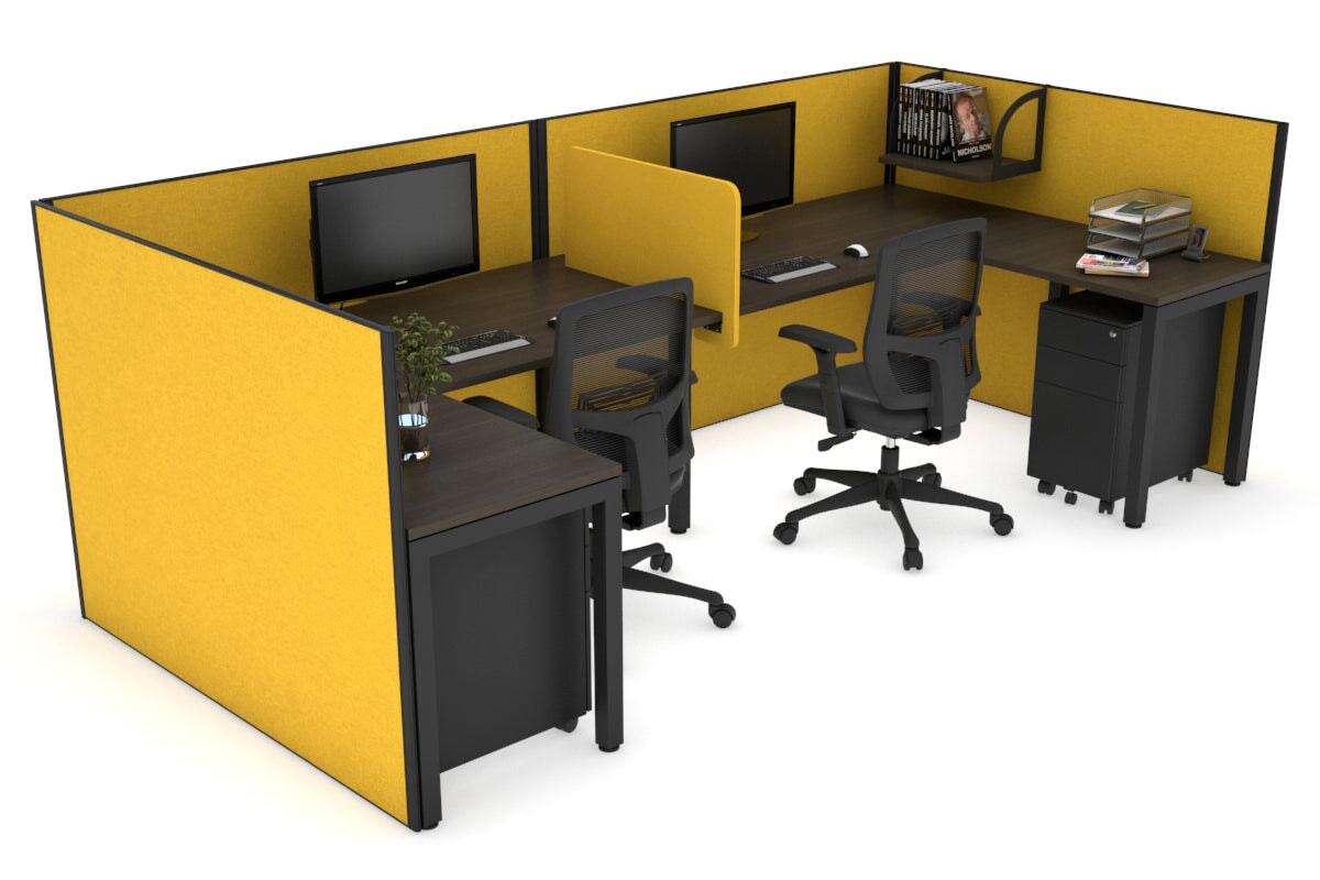 Quadro Square Leg 2 Person Corner Workstations - U Configuration - Black Frame [1400L x 1800W with Cable Scallop] Jasonl dark oak mustard yellow biscuit panel