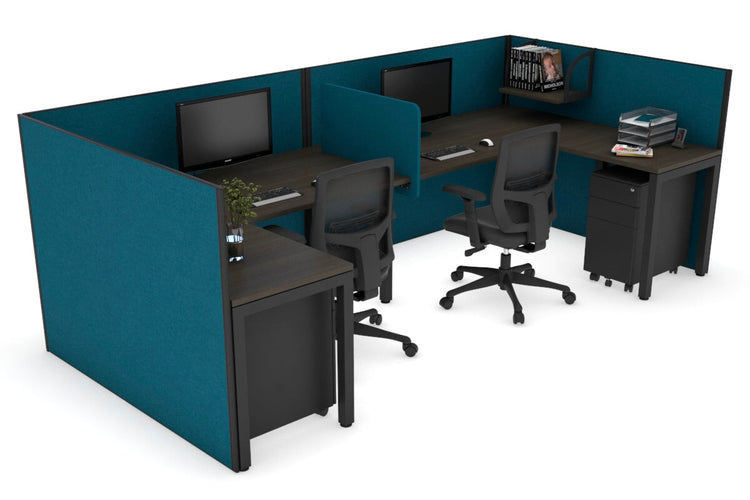 Quadro Square Leg 2 Person Corner Workstations - U Configuration - Black Frame [1400L x 1800W with Cable Scallop] Jasonl dark oak deep blue biscuit panel