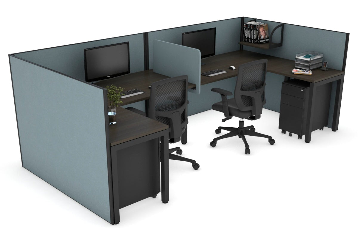 Quadro Square Leg 2 Person Corner Workstations - U Configuration - Black Frame [1400L x 1800W with Cable Scallop] Jasonl dark oak cool grey biscuit panel