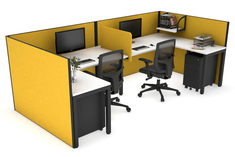 Quadro Square Legs 2 Person Corner Workstation - U Configuration - Black Frame [1400L x 1800W with Cable Scallop]-white mustard yellow biscuit panel