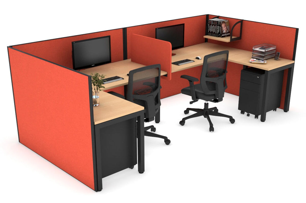 Quadro Square Legs 2 Person Corner Workstation - U Configuration - Black Frame [1600L x 1800W with Cable Scallop]-maple squash orange biscuit panel