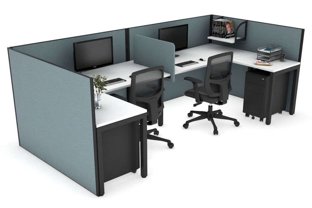 Quadro Square Legs 2 Person Corner Workstation - U Configuration - Black Frame [1600L x 1800W with Cable Scallop]-white cool grey biscuit panel