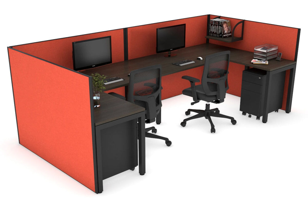 Quadro Square Legs 2 Person Corner Workstation - U Configuration - Black Frame [1600L x 1800W with Cable Scallop]-dark oak squash orange none