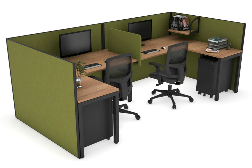 Quadro Square Legs 2 Person Corner Workstation - U Configuration - Black Frame [1600L x 1800W with Cable Scallop]-salvage oak green moss biscuit panel