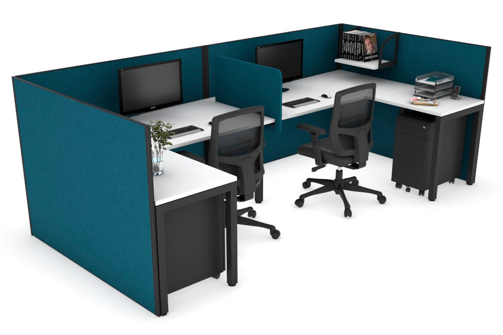Quadro Square Legs 2 Person Corner Workstation - U Configuration - Black Frame [1600L x 1800W with Cable Scallop]-white deep blue biscuit panel