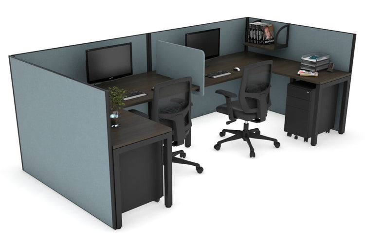 Quadro Square Leg 2 Person Corner Workstations - U Configuration - Black Frame [1600L x 1800W with Cable Scallop] Jasonl dark oak cool grey biscuit panel
