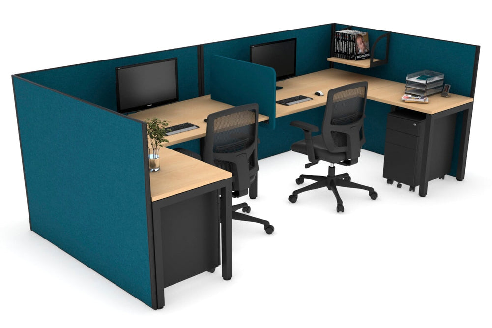 Quadro Square Legs 2 Person Corner Workstation - U Configuration - Black Frame [1600L x 1800W with Cable Scallop]-maple deep blue biscuit panel