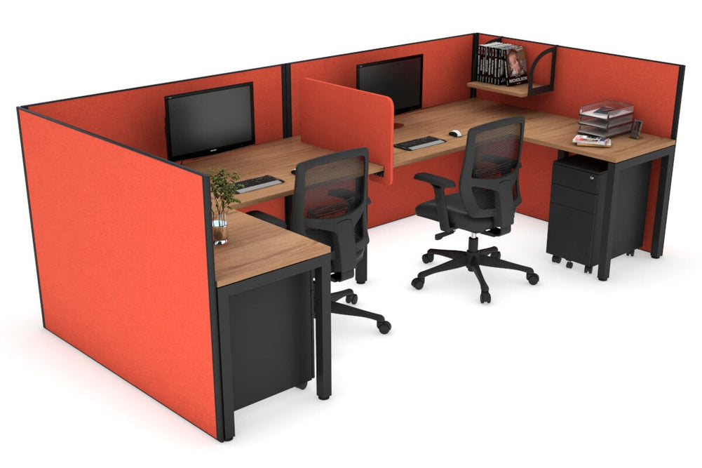 Quadro Square Legs 2 Person Corner Workstation - U Configuration - Black Frame [1600L x 1800W with Cable Scallop]-salvage oak squash orange biscuit panel